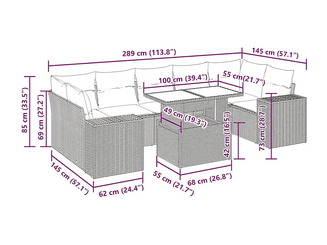 Salon de jardin 8 pcs avec coussins noir résine tressée