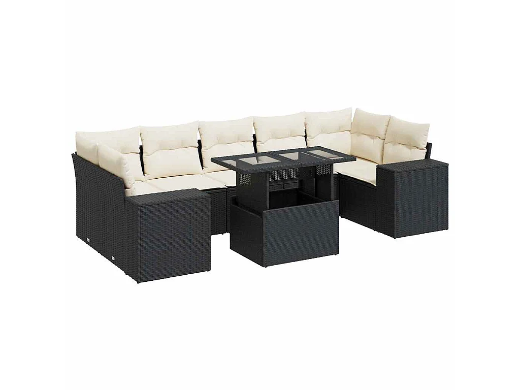 8-delige Loungeset met kussens poly rattan zwart