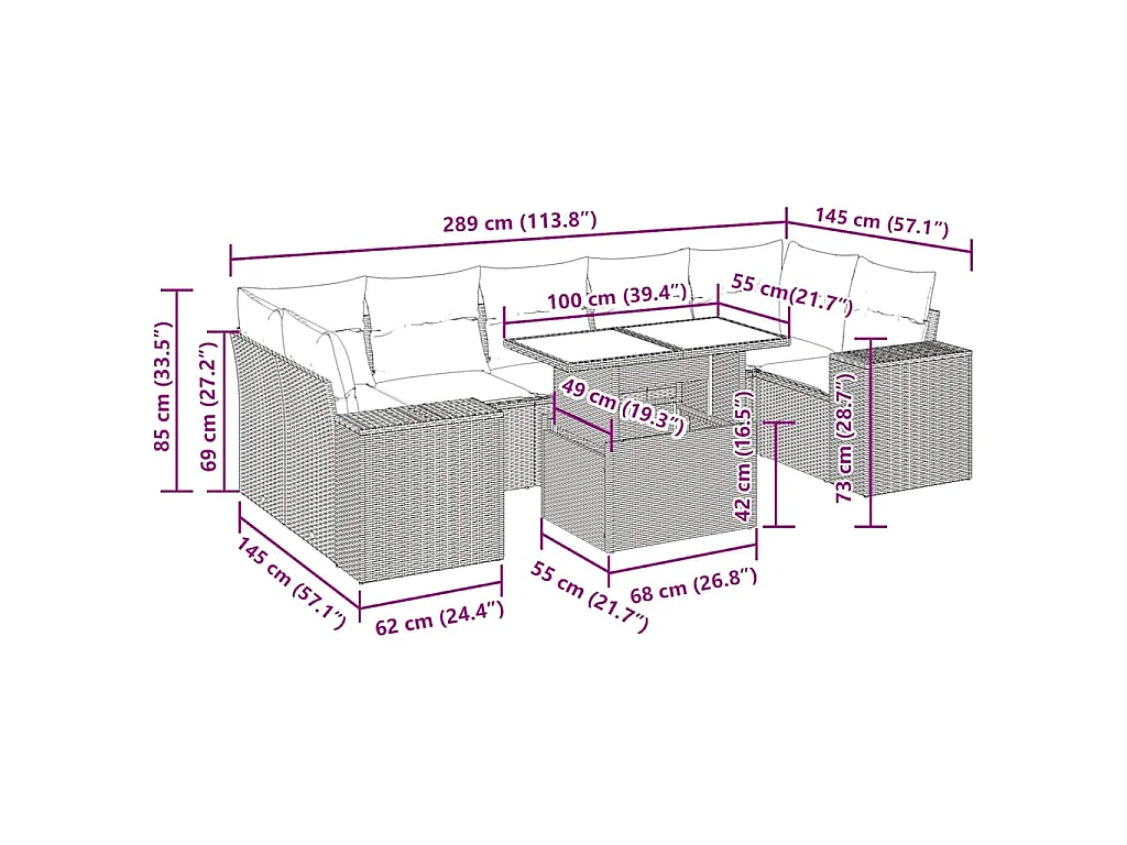 8-delige Loungeset met kussens poly rattan zwart