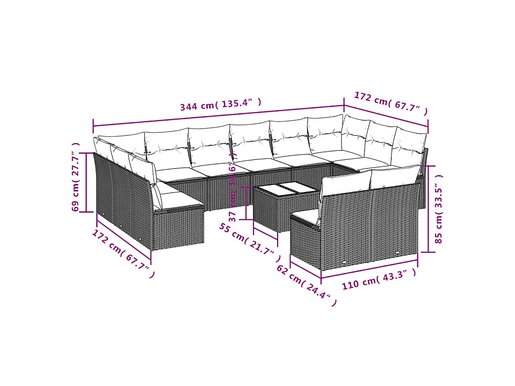 13-delige Loungeset met kussens poly rattan bruin