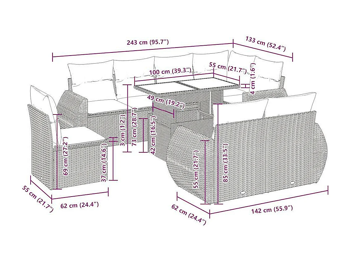 Salon de jardin avec coussins 9 pcs beige résine tressée