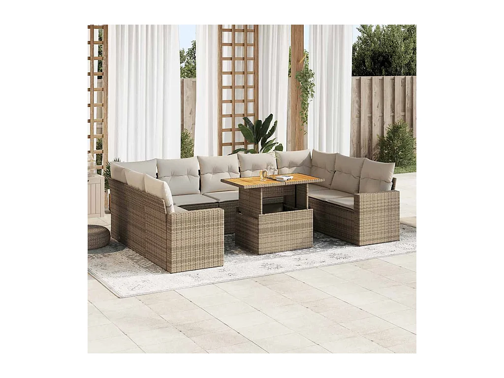 Set Divano da Giardino 10 pz con Cuscini Beige in Polyrattan