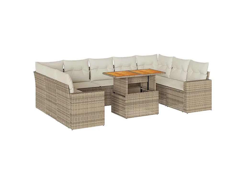 10-tlg. Garten-Sofagarnitur mit Kissen Beige Poly Rattan