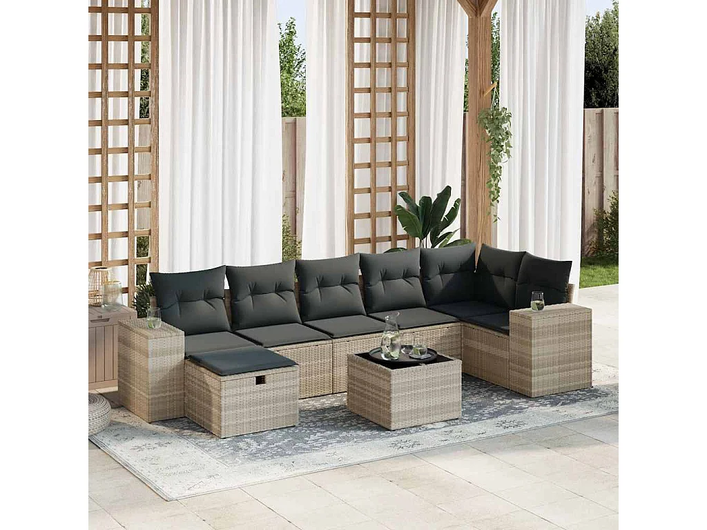 Salon de jardin 8 pcs avec coussins gris clair résine tressée