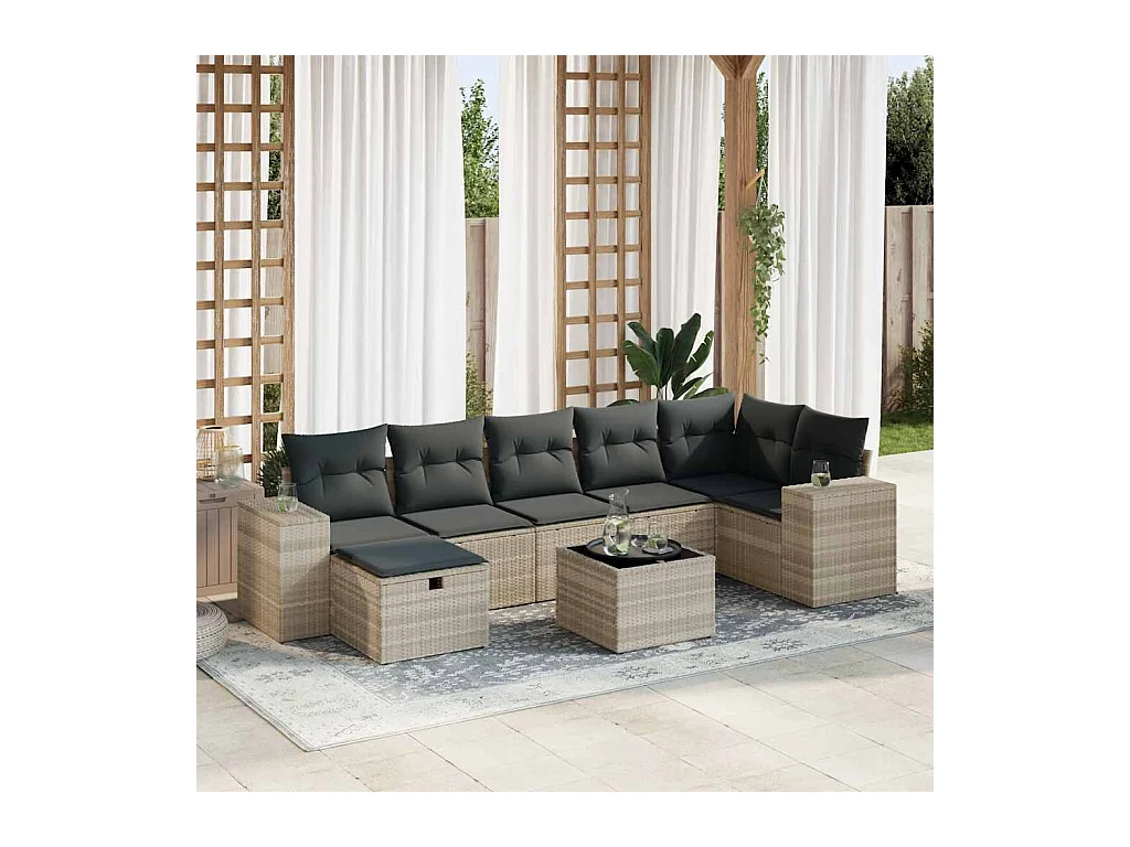Salon de jardin 8 pcs avec coussins gris clair résine tressée