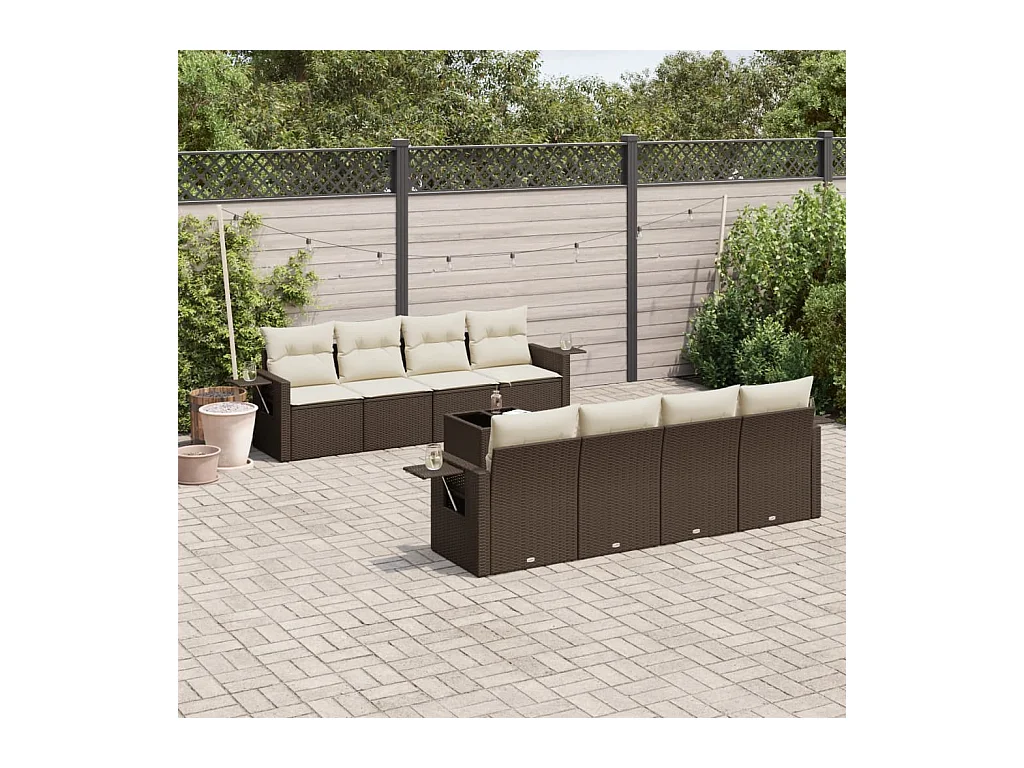 9-tlg. Garten-Sofagarnitur mit Kissen Braun Poly Rattan