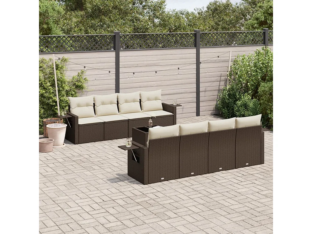9-tlg. Garten-Sofagarnitur mit Kissen Braun Poly Rattan