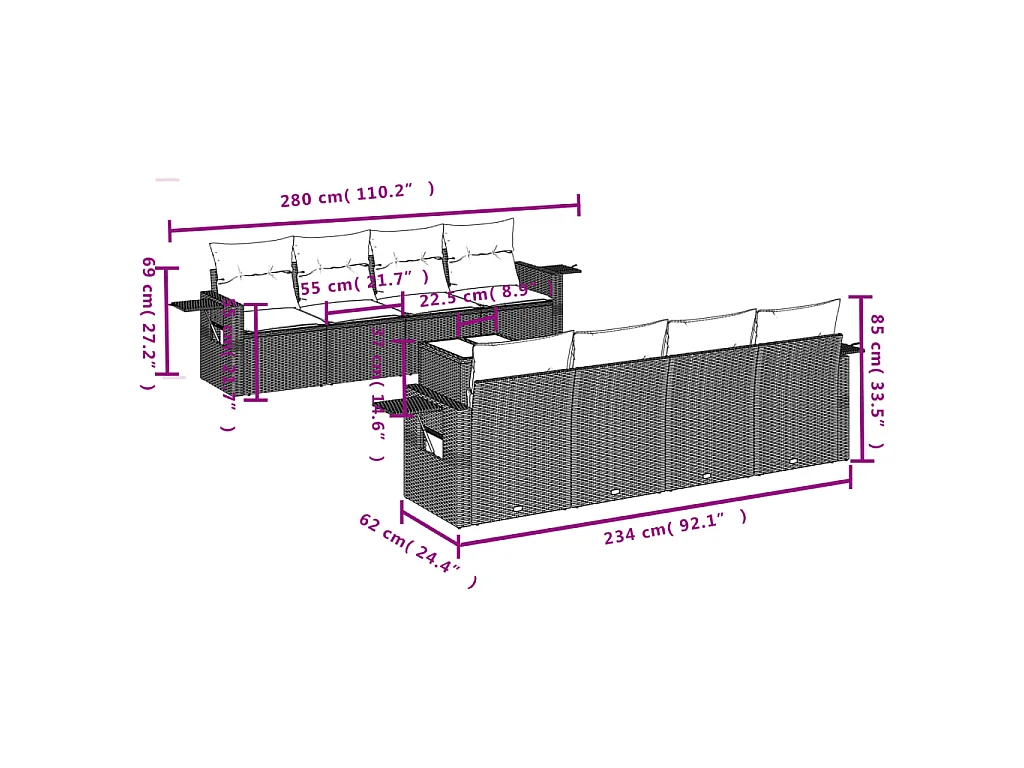 9-tlg. Garten-Sofagarnitur mit Kissen Braun Poly Rattan
