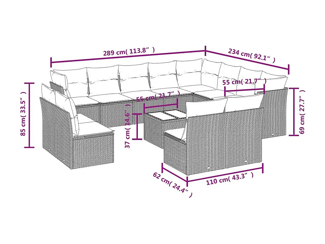 13-tlg. Garten-Sofagarnitur mit Kissen Braun Poly Rattan