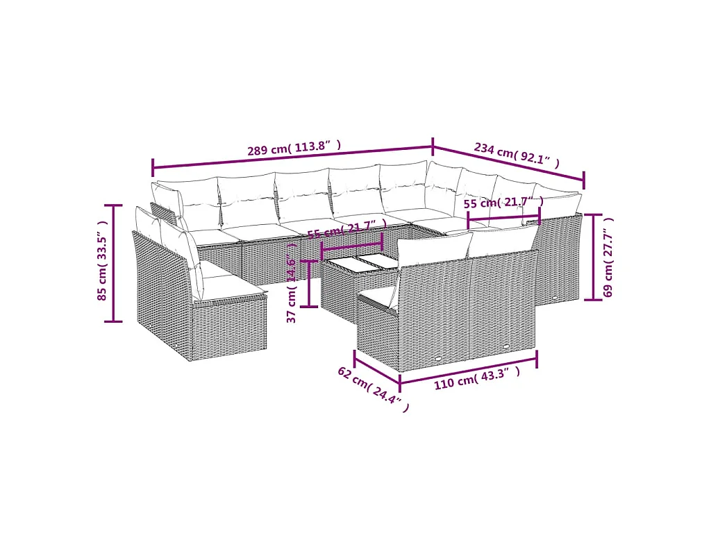 13-delige Loungeset met kussens poly rattan bruin