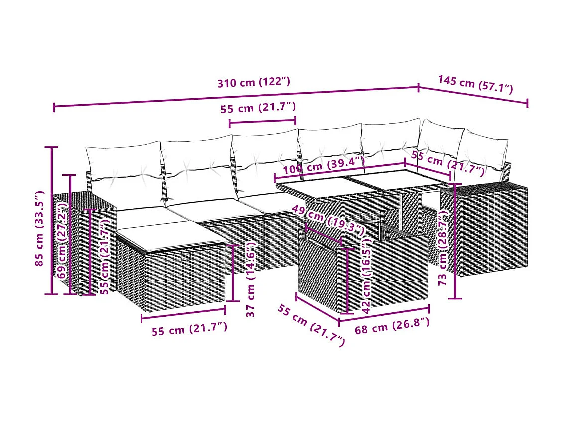 Modułowy zestaw ogrodowy 7-osobowy beżowy z plecionej żywicy z zmywalnymi poduszkami i regulowanym stołem ze szkła hartowanego