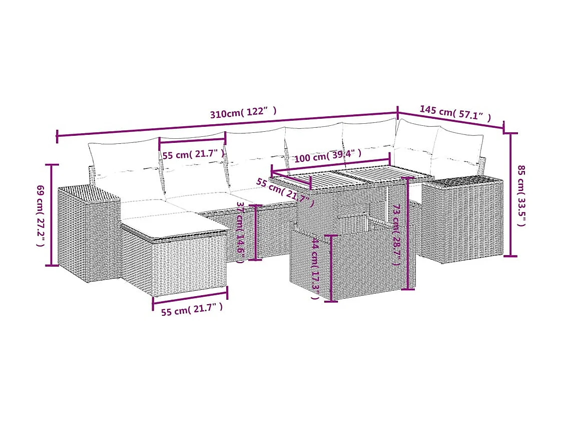 Salon de jardin avec coussins 8 pcs beige résine tressée