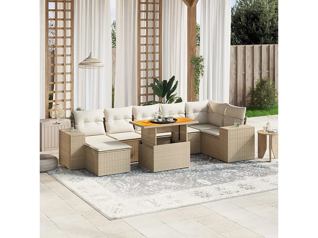 Salon de jardin avec coussins 8 pcs beige résine tressée