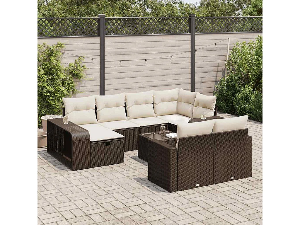 Salon de jardin et coussins 11 pcs marron résine tressée
