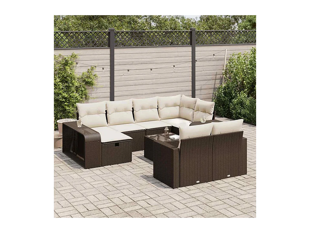 Salon de jardin et coussins 11 pcs marron résine tressée
