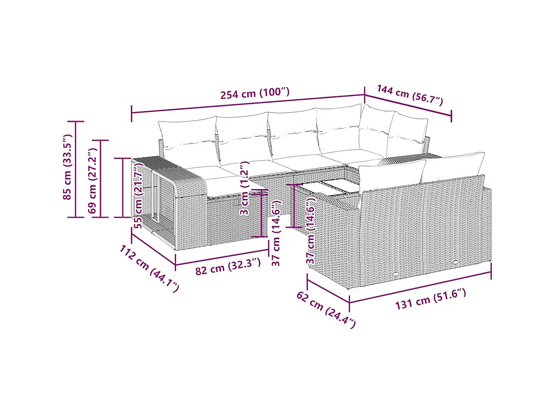 11-tlg. Garten-Sofagarnitur mit Kissen Braun Poly Rattan