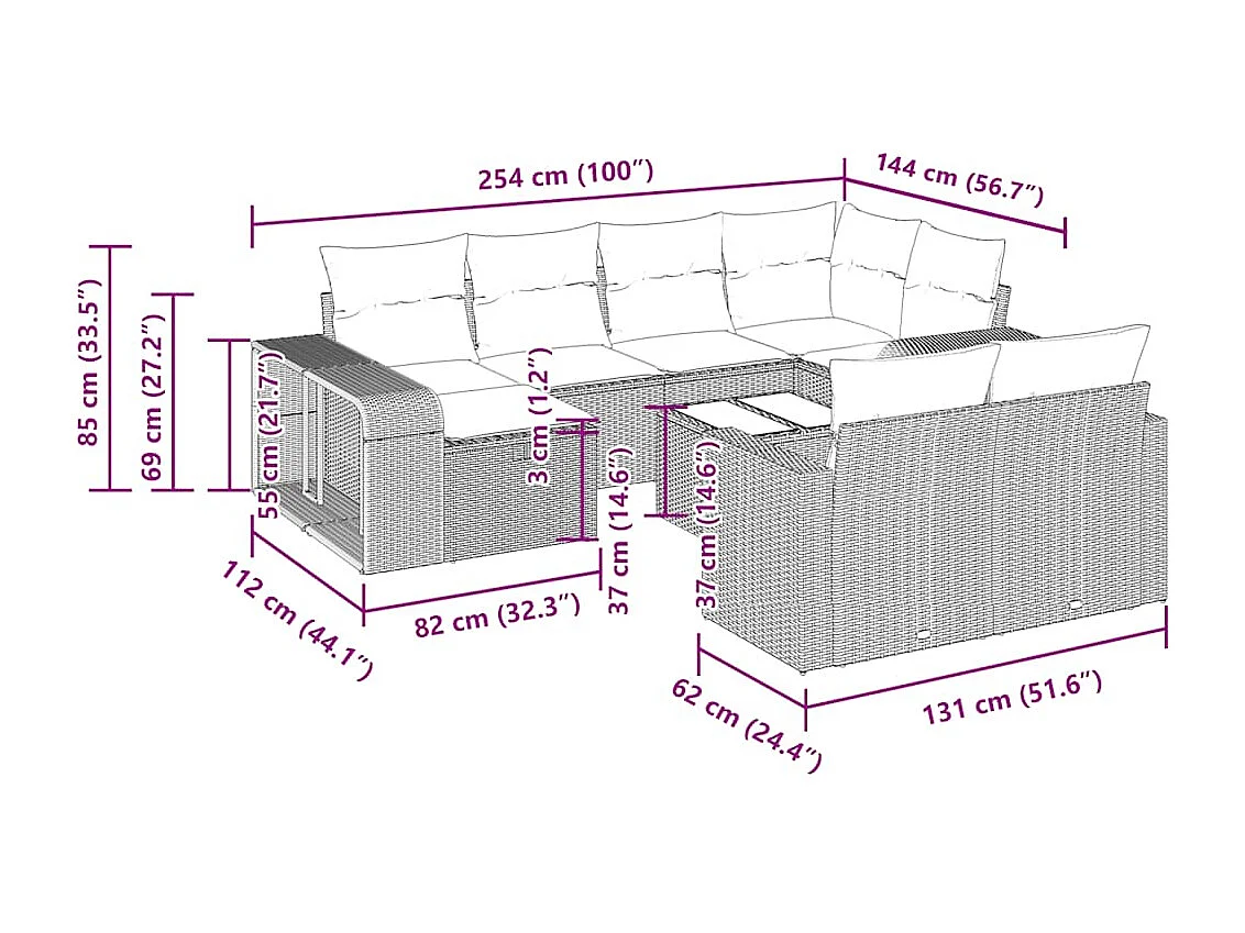 Set de sofás de jardín 11 pzas cojines ratán sintético marrón