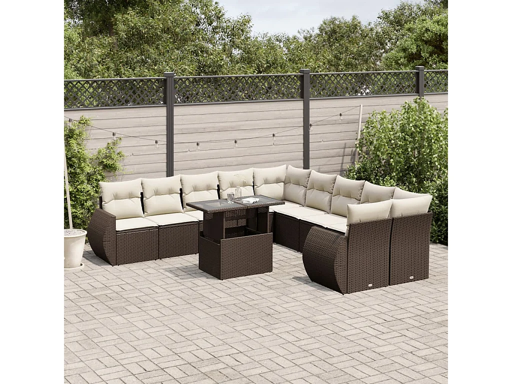 Salon de jardin et coussins 11 pcs marron résine tressée