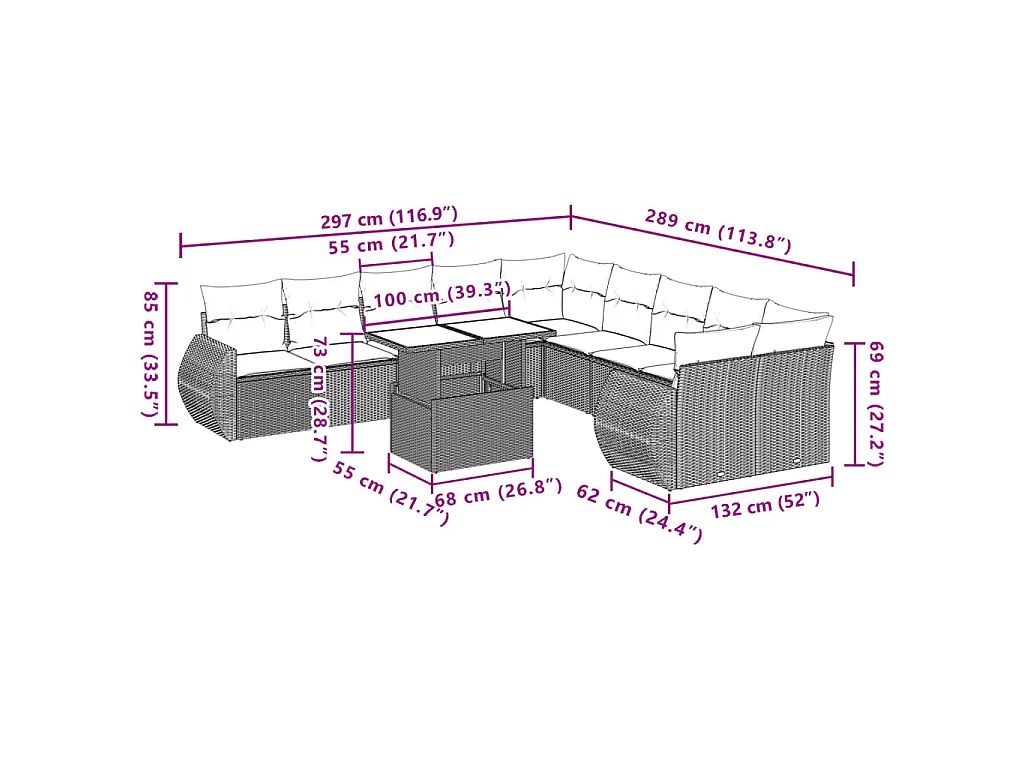 11-delige Loungeset met kussens poly rattan bruin
