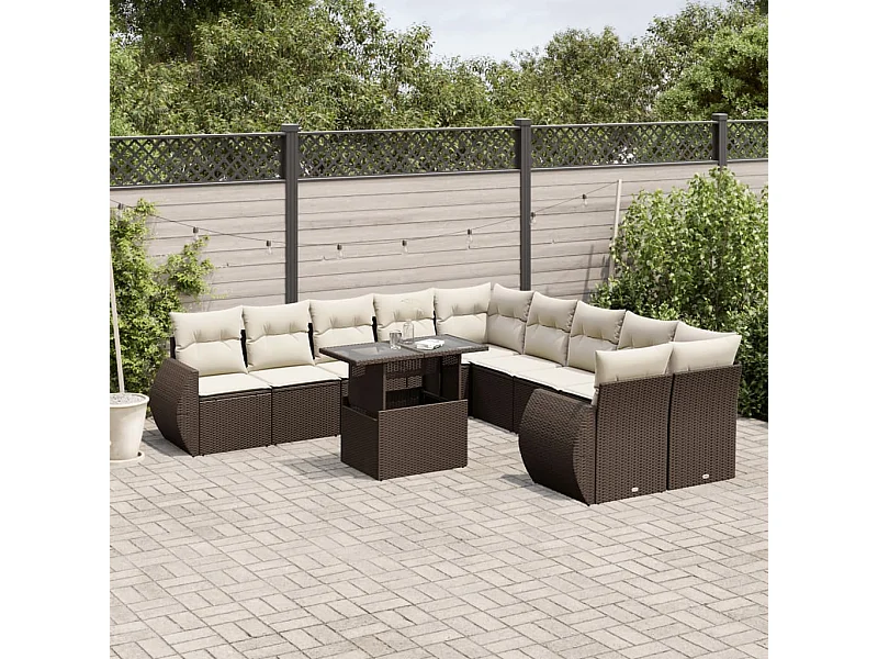 Salon de jardin et coussins 11 pcs marron résine tressée