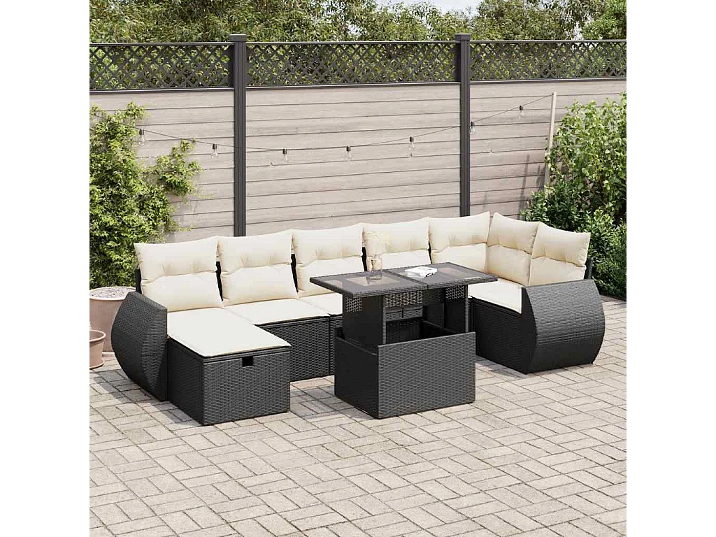 Salon de jardin 8 pcs avec coussins noir résine tressée