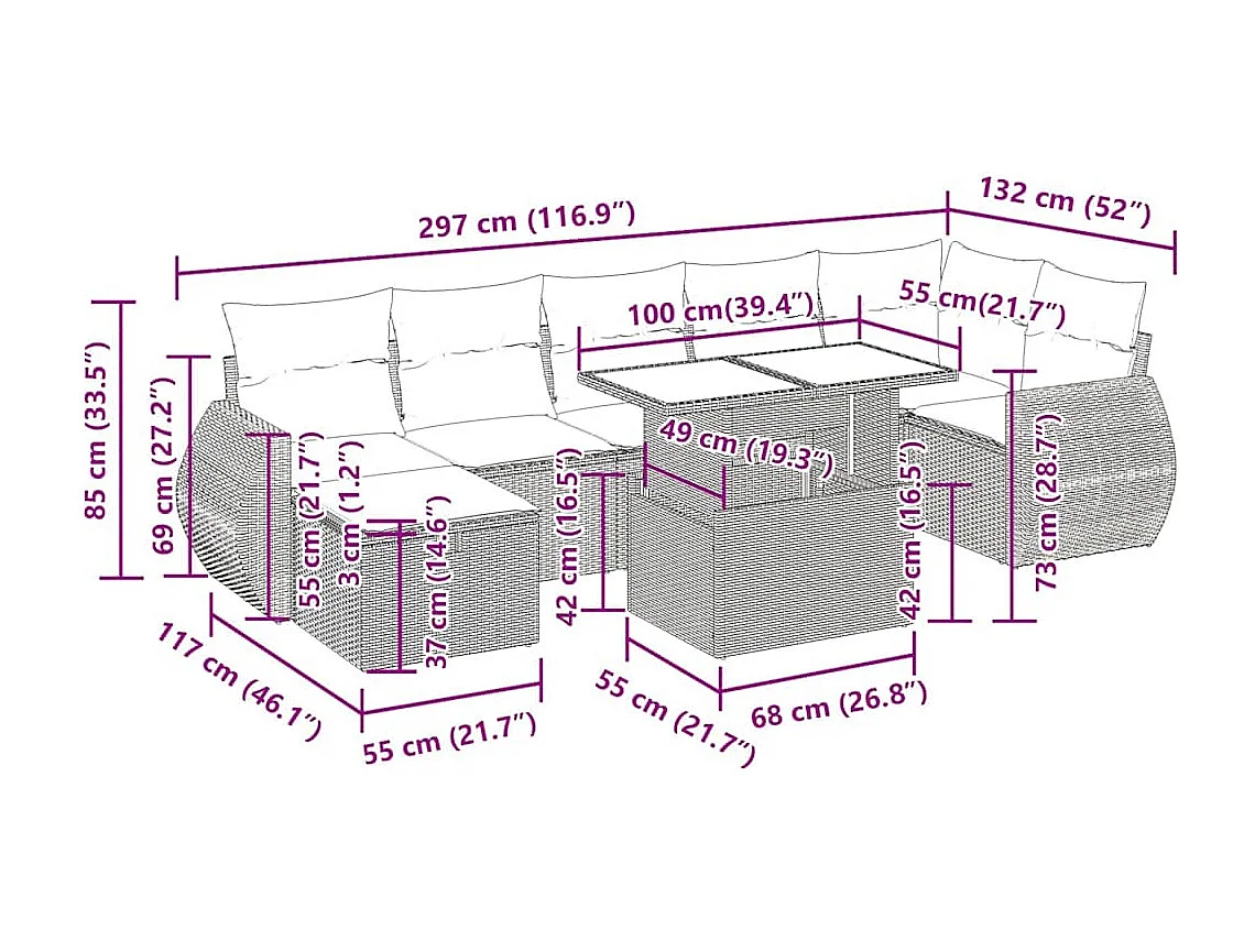 Salon de jardin 8 pcs avec coussins noir résine tressée