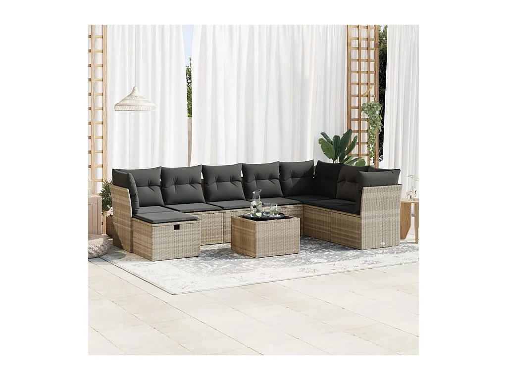 Salon de jardin 9 pcs avec coussins gris clair résine tressée
