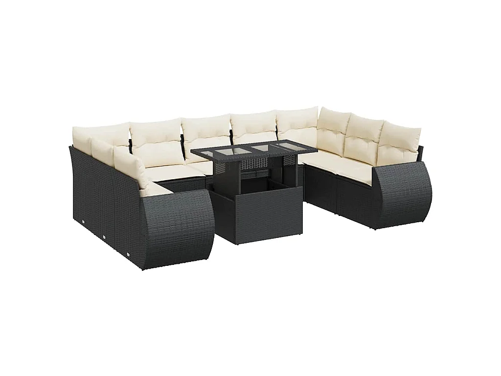 10-delige Loungeset met kussens poly rattan zwart