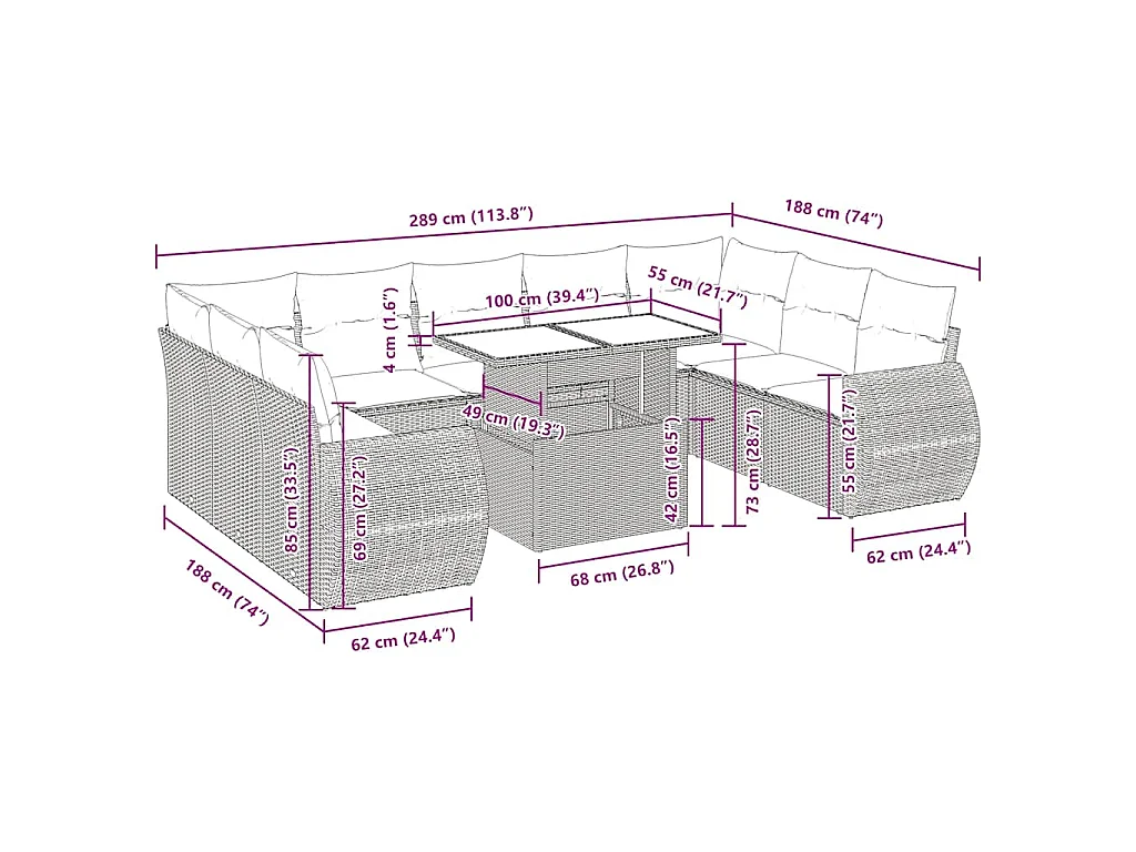 10-delige Loungeset met kussens poly rattan zwart