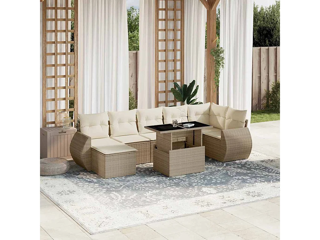 8-tlg. Garten-Sofagarnitur mit Kissen Beige Poly Rattan