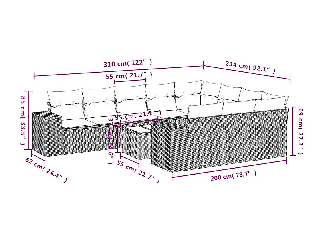 Salon de jardin et coussins 11 pcs marron résine tressée