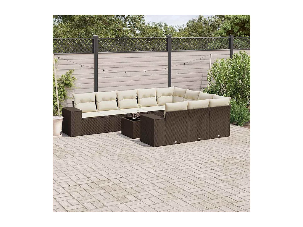 Salon de jardin et coussins 11 pcs marron résine tressée