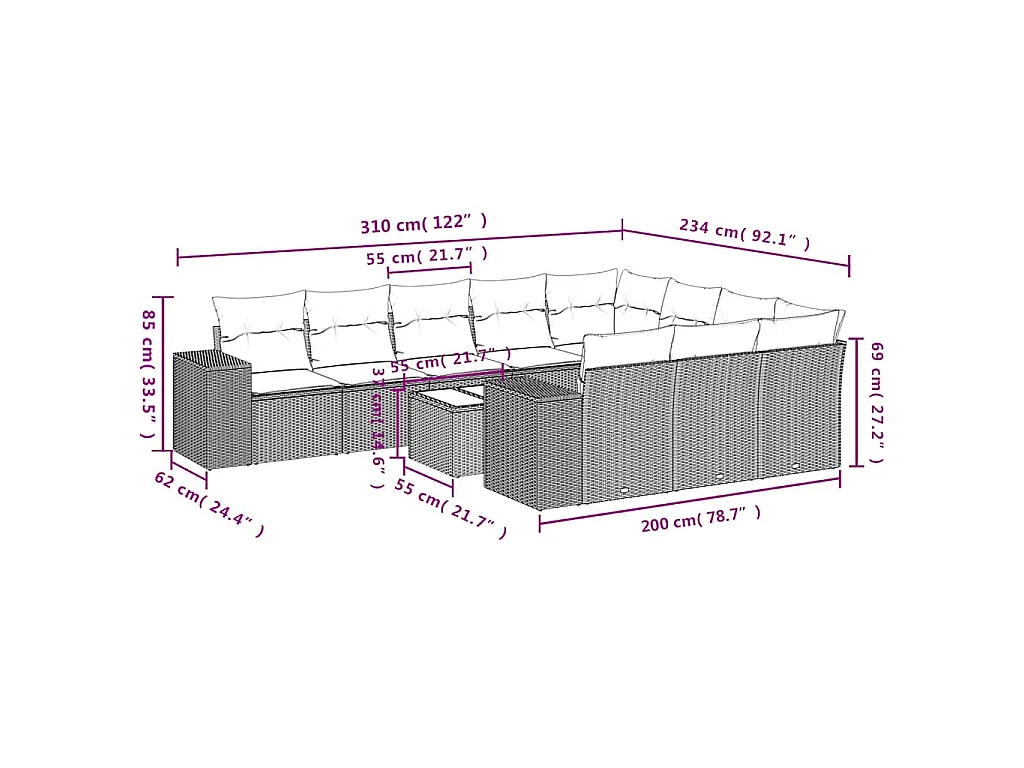 11-delige Loungeset met kussens poly rattan bruin