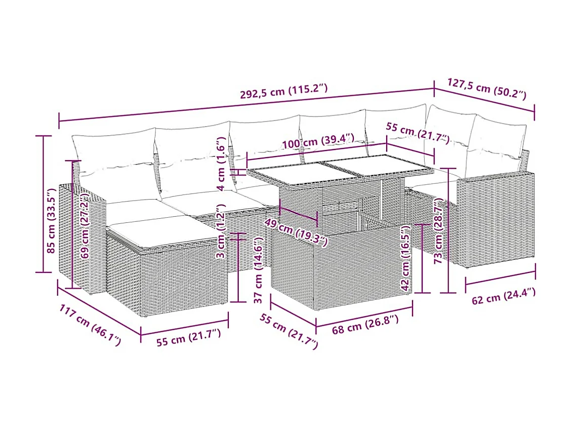 Salon de jardin 8 pcs avec coussins gris clair résine tressée