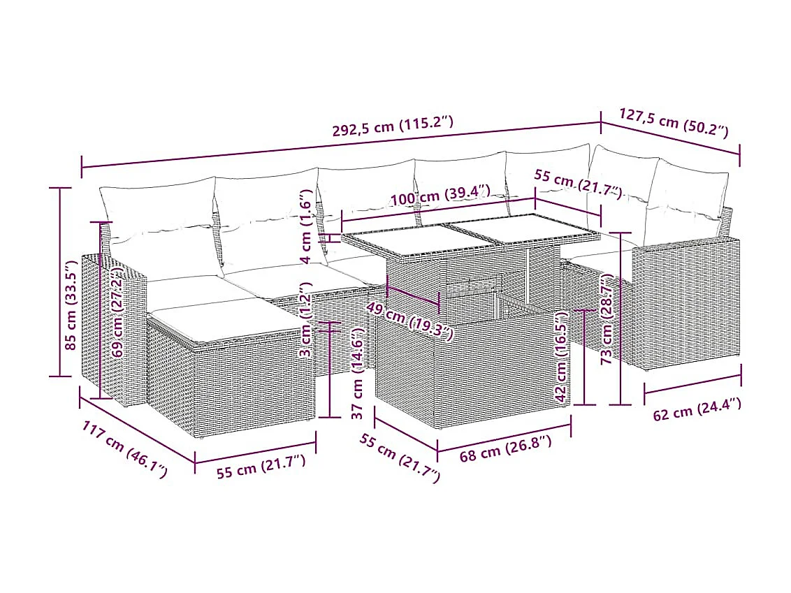 Salon de jardin 8 pcs avec coussins gris clair résine tressée