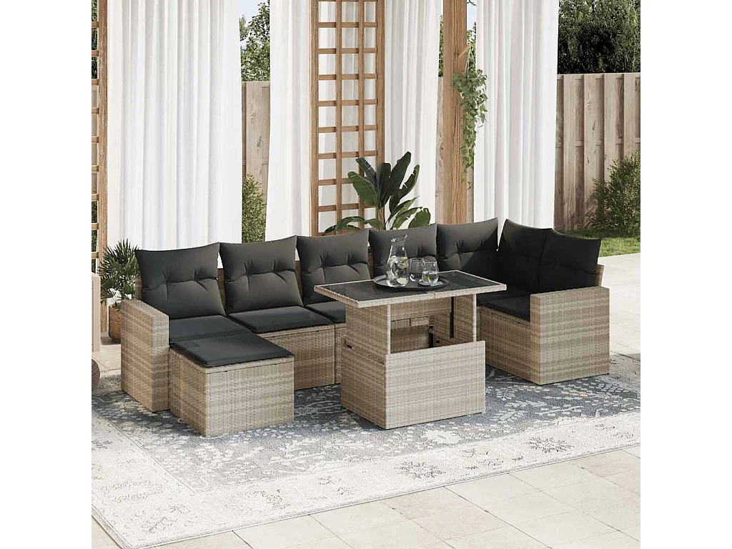 8-tlg. Garten-Sofagarnitur mit Kissen Hellgrau Poly Rattan