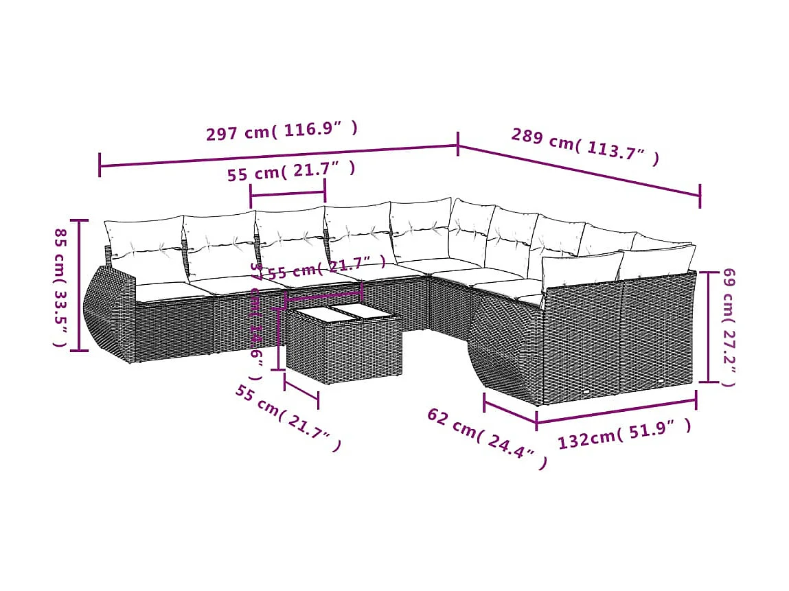 11-delige Loungeset met kussens poly rattan bruin