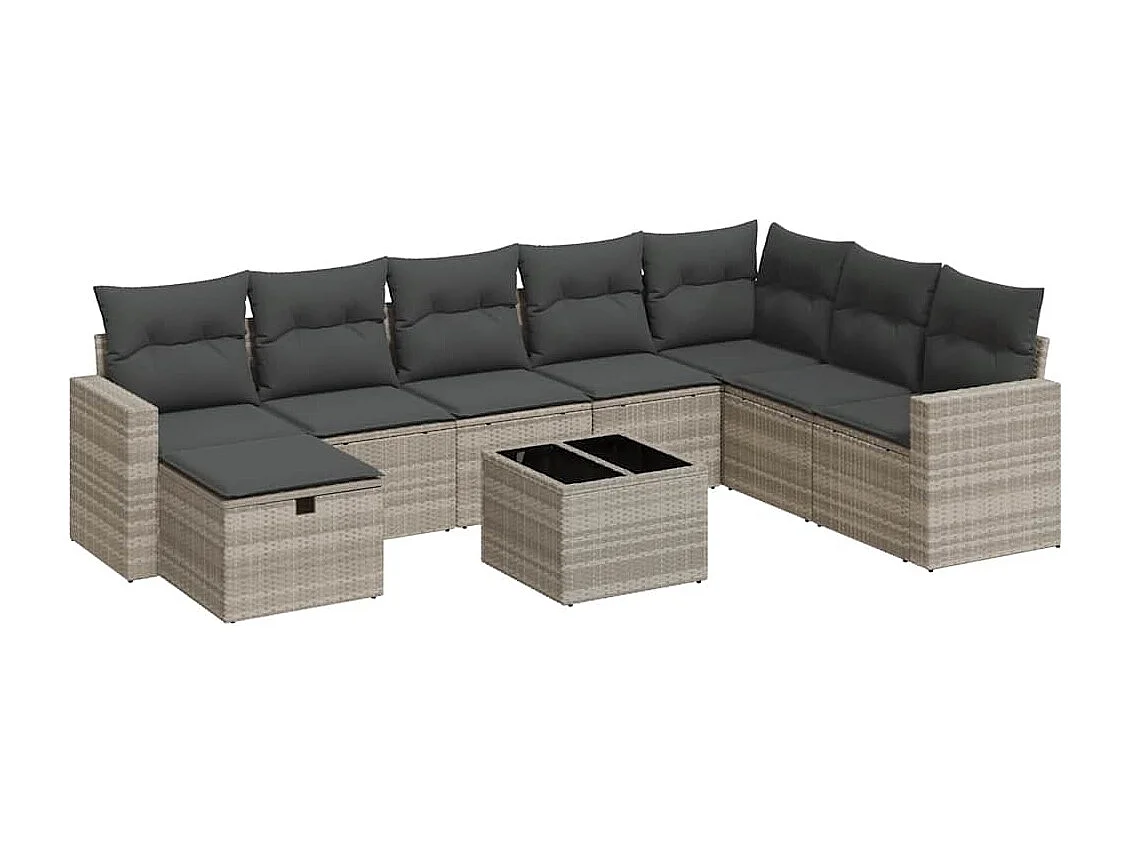 9-tlg. Garten-Sofagarnitur mit Kissen Hellgrau Poly Rattan