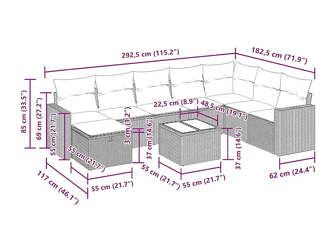 9-tlg. Garten-Sofagarnitur mit Kissen Hellgrau Poly Rattan