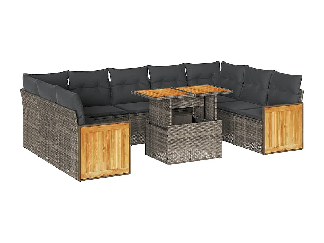 Salon de jardin avec coussins 10 pcs gris résine tressée acacia