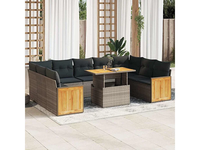 Salon de jardin avec coussins 10 pcs gris résine tressée acacia