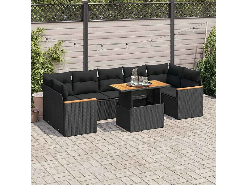 8-tlg. Garten-Sofagarnitur mit Kissen Schwarz Poly Rattan