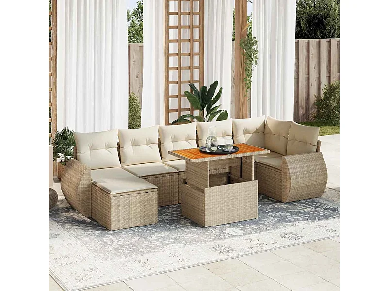 Salon de jardin avec coussins 8 pcs beige résine tressée