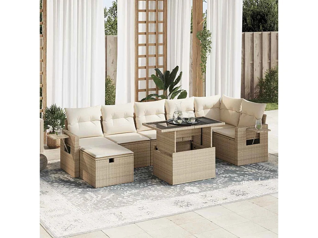 Set de sofás de jardín y cojines 8 piezas ratán sintético beige