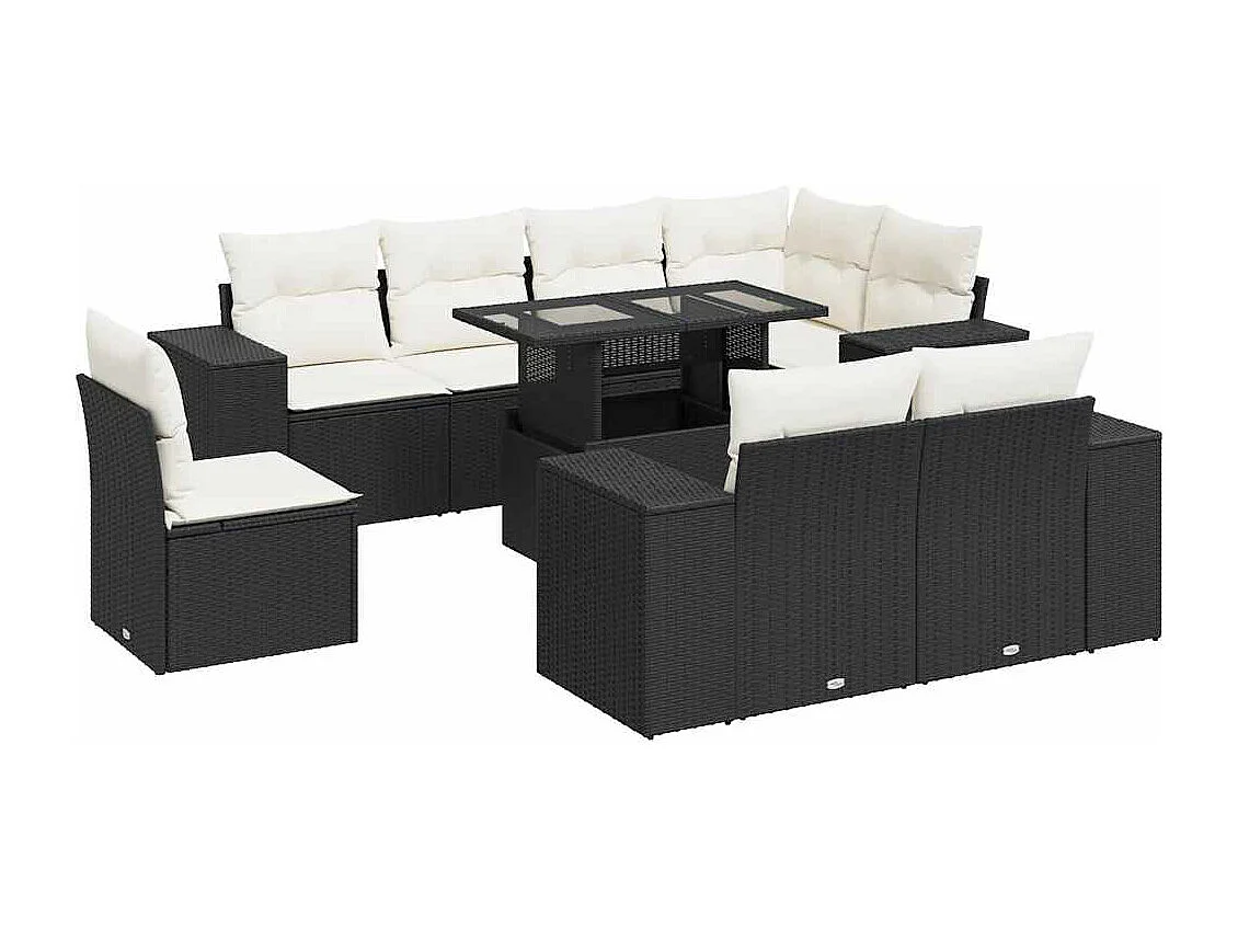 Salon de jardin 9 pcs avec coussins noir résine tressée