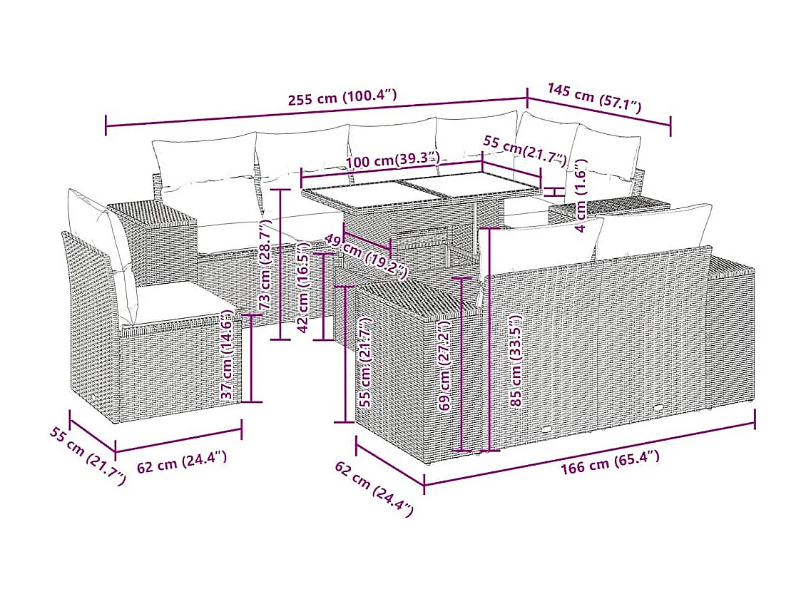 Salon de jardin 9 pcs avec coussins noir résine tressée