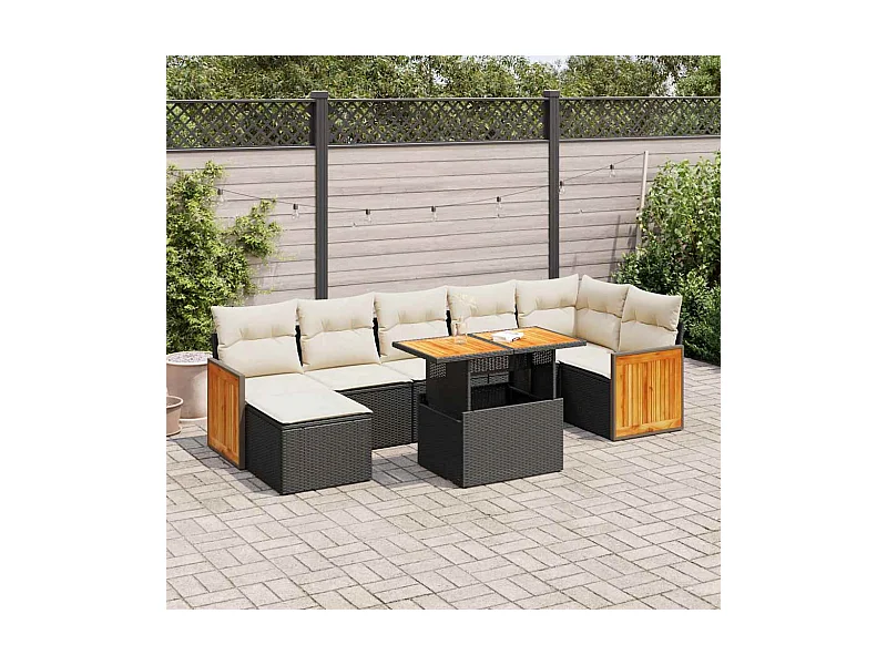 Salon de jardin avec coussins 8 pcs noir résine tressée acacia