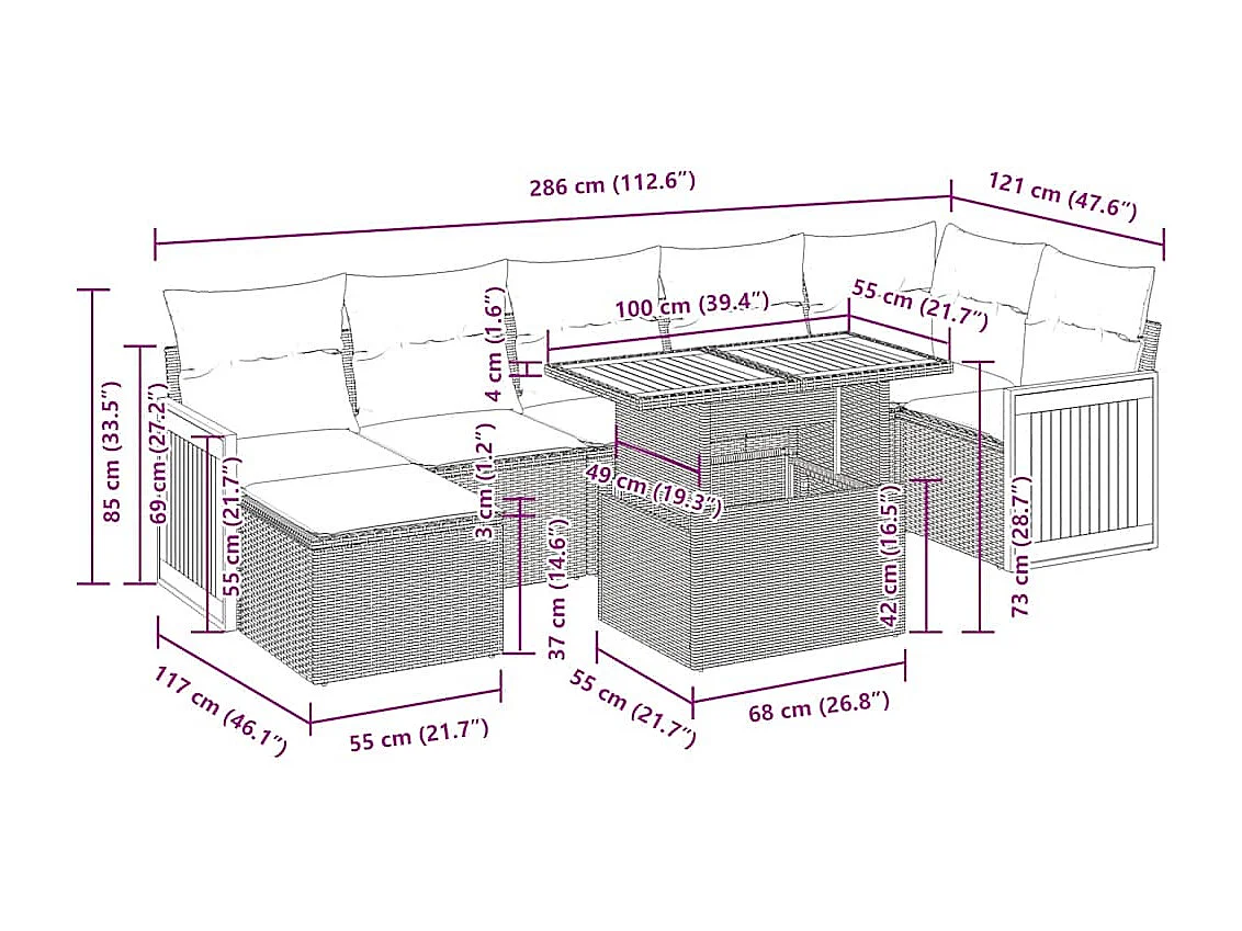 8-delige Loungeset met kussens poly rattan acacia zwart