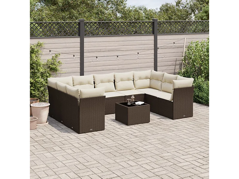 10-tlg. Garten-Sofagarnitur mit Kissen Braun Poly Rattan