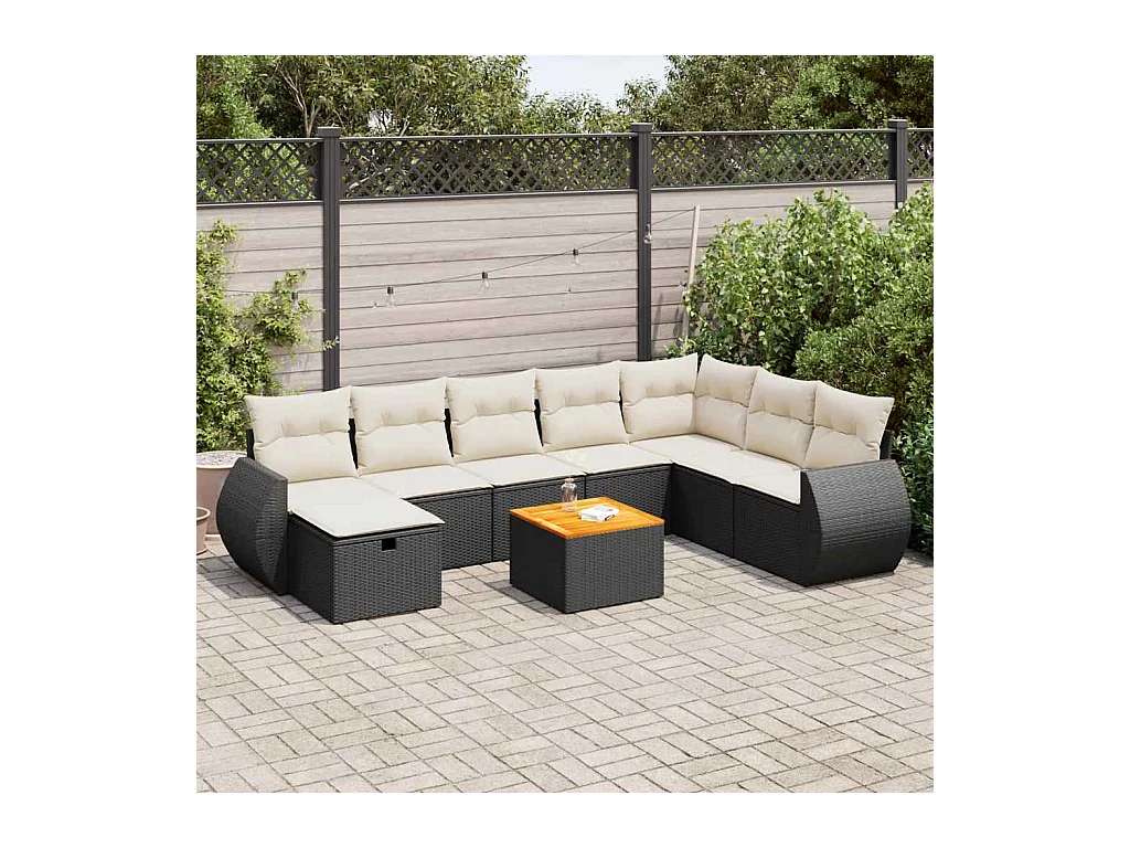 Salon de jardin 9 pcs avec coussins noir résine tressée